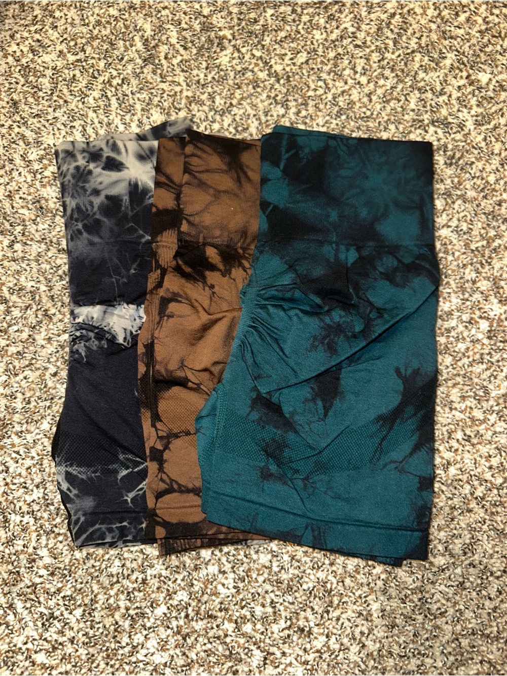 3 Tie-Dye Active Shorts - Teal, Brown, Black